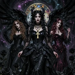 a stunning gothic fallen angel portrait by tom bagshaw, alphonse mucha, donata giancola, mary jane ansell, wearing an ornate raven dress, ankh necklace, horror, black magic, black roses, gothic, dark academia, atmosphere, realism, octane render, dof, whirling nebulas, hyperdetailed, 8 k,