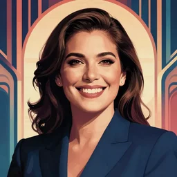 smiling, happy, beautiful, intelligent, powerful alexandria ocasio - cortez, loving eyes, fully clothed, wise, beautiful, dramatic lighting, sharp focus, art deco patterns by stanley artgerm, retro futurism, dramatic lighting, trending on artstation, flat colour, geometric curves, gradient filter