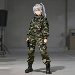 girl, silver hair ponytail, multicam ((camo)), posing, (trending on artstation), beautiful face, cinematic full body shot, ilustration by (Takehiko Inoue) (((and Yoann Lossel)))