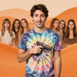 portrait of justin trudeau wearing tiedye tshirt holding a glock, orange waves, magic realism, mike judge, josephine wall, huang guangjian, viktoria gavrilenko, amanda sage, trending on artstation