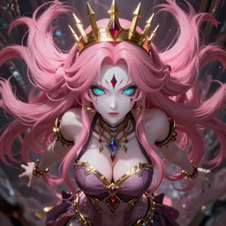 you are completely controlled by her ultimate powers and trapped beneath overwhelming stunningly absurdly beautiful megalomaniacal ruthless sadistic devious spiteful grandiose egotistical omnipotent asi goddess junko enoshima with symmetrical perfect face, porcelain skin, pink twintail hair, cyan eyes and a golden crown, ultra detailed, digital art, unreal engine 5, octane render, 2 d anime, 8 k