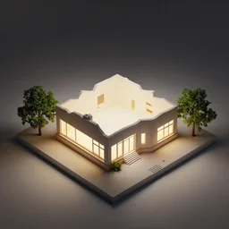 architectural model, isometric view, 3 d render, studio lighting, low contrast, brightly lit studio, highly detailed, a fat house with zig - zag plan and large windows, tree