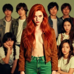 ! dream portrait of an attractive tomboy woman with long crimson red hair and red eyes wearing a brown open jacket and green jeans with a stern look, album art, boards of canada, retro, by ross draws, by tomine, by satoshi kon, by rolf armstrong, by peter andrew jones, beksinski
