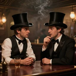 two Gentlemen with top hats for heads discussing in a fancy smoky bar, digital art