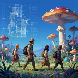 mushroomfolk nomads walking through a psychedelic landscape, in the style of Greg Broadmore and Arthur Rackham and Moebius, trending on artstation, light lighting side view,digital art,surrealism ,macro,blueprint ,vaporwave ,
