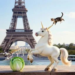 a unicorn in paris with a cabbage and a cat out flying out of its horn, canon 5 d 5 0 mm lens kodachrome