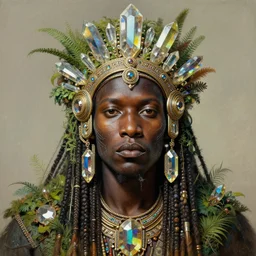 upper half portrait of retro futuristic african tribal chief - embellished with vegetation and iridescent crystals, art by greg hildebrandt, highly detailed, digital painting, concept art, illustration, smooth sharp focus, intricate, symmetry, artstation,
