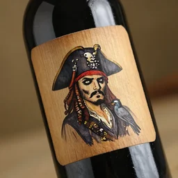 A Wine bottle with a wooden label showing a pirate with a bird