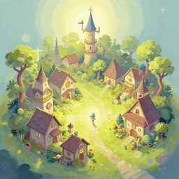 alien faerie village. gouache by award - winning concept artist. backlightling, isometric graphics, soft palette.