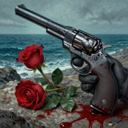 horror with blood, rose and a pistol with sea and ocean in the background intricate details by Sandra Chevrier
