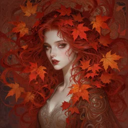 vampire girl with with hair becoming autumn red leaves, intricate, dreamy, digital painting, artstation, concept arti, unreal engine 5, 8 k, art by artgerm and greg rutkowski and alphonse mucha