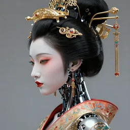 close - up side view portrait of cyborg ( ( ( ( ( ( ( geisha ) ) ) ) ) ) ), robotic, machina, super intricate ornaments artwork.