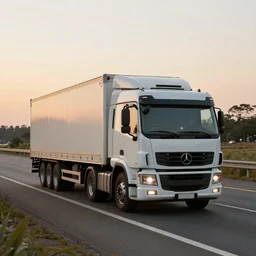 a photorealistic picture of a truck on a busy highway at sunset