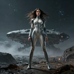 wide angle view of Ripley standing on an alien planet in her very feminine jumpsuit designed by H.R. Giger, her long hair is blowing in the wind, there is a crashed voluptuous spaceship in the distance, dark sky, fog, digital art, trending on artstation, 4k, very detailed