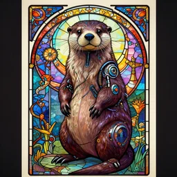 Cybernetic otter. Synthwave. retropunk, stained glass, 8k resolution, extremely detailed, digital illustration. Poster by alphonse mucha.
