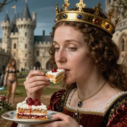 closeup medieval jan van eyck face portrait of a fairytale princess wearing a crown eating cakes in the castle, bikini, depth of field, zeiss lens, detailed and intricate environment, fashion photoshoot by nicoletta ceccoli, mark ryden, lostfish, breathtaking, 8 k resolution, extremely detailed, beautiful, establishing shot, artistic, hyperrealistic, octane render
