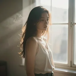 photograph of a beautiful woman standing next to a window god rays shining on her from the sunlight, volumetric fog, smoke, depth of field, beautiful composition, featured on artstation and instagram