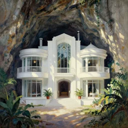 vintage art deco 7 0 s white mansion interior by colin campbell cooper is built into cliff face by andrew atroshenko, john la farge's second paradise, tropical underground mansion from inside, sun rays create shadows on the cave wall, low contrast, impressionist watercolor by john la farge and thomas cole, cinematic