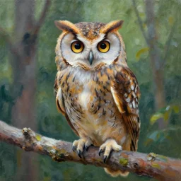 wise owl in the forest, impressionism