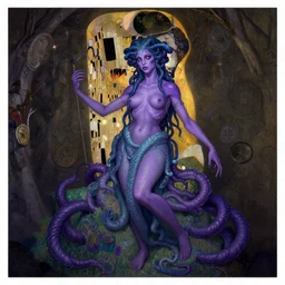 purple skinned medusa in a lair, character action, digital art, art style by klimt and nixeu and ian sprigger and wlop and krenz cushart