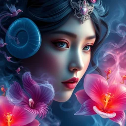3 d close up swirly portrait of the face of a beautiful princess with translucent nautilus jellyfish phoenix bird and giant orchid flower and giant gladiola surrounded by smoke and water fire energy flow, highly detailed. octane render, excellent composition, by wlop, tooth wu, greg rutkowski, beeple