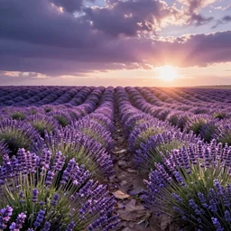 Lavender Fields in full bloom, modern digital art, sunrise, beautiful scene