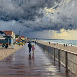 detailed impressionist pastel of a boardwalk in the rain