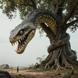 tranquil, lines by emek golan macro photo. a art installation of a large, looming creature with a long, snake body. many large, sharp teeth, & eyes glow. wrapped around a large tree, bent under the weight. small figure in foreground, a sword, dwarfed by the size of the creature.