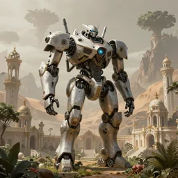 robotic mechas and baroque palace in highly detailed alien planet with lush vegetation, deserts and mountains, desaturated, fog, mystical, artgerm, cgsociety, by ryan church