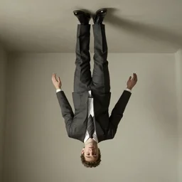 man in suit walking upside down on ceiling, by rene magritte