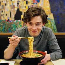 a portrait of young female Asa Butterfield mixed with Pam beesly, kind, content, slight smile, eating ramen in a restaurant by gustav klimt