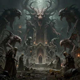 a highly detailed matte painting of lovecraftian cosmic horror scenery filled with ruins and eldritch creatures and beasts and cultists, by artgerm, by wlop, by greg rutkowski, volumetric lighting, octane render, 4 k resolution, trending on artstation, masterpiece