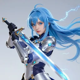 the beautiful girl's blue hair dances with electricity, her sword a blade made of light, her armor gleams with power, her blue eyes gazed upon the horde of monster in front of her fearlessly, digital art, official, intricate detail