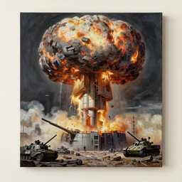 grim oil portrait painting of atomic explosion, weaponized high technology, army, destruction, weapons and crafts, realistic shaded lighting, octaine rendering, wallpapper, magali villeneuve, trending on artstation