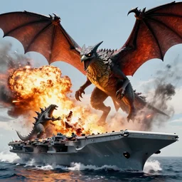 a gigantic gyaos bird, a monstrous bat like creature from the gamera movies, attacks an american aircraft carrier, destroying it in a huge explosion, kaiju, gamera vs gyaos, cinematic