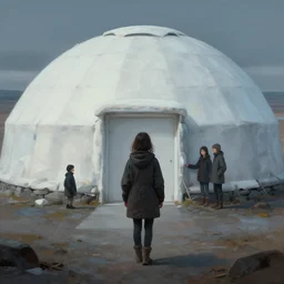 young girl back to us in front of an round igloo in the tundra,, mysterious matte painting by ruan jia and craig mullins, trending on artstation