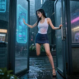 hyperdetailed wide ground level photo of a sexy girl wearing a micro skirt and see through white tank top getting soaked in the rain ttying to open a door with a holographic interface cyber punk style city