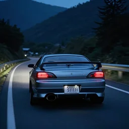 rear view photo of a nissan silvia S15 driving in the mountain roads at night, realistic details, 8k