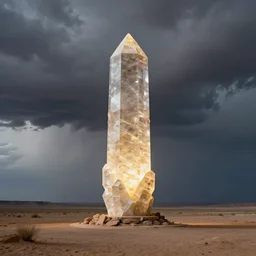 a long shot national geographic photograph by carr clifton depicting a huge glowing crystal monolith war memorial towering above the ground in an arid desert landscape with roiling storm clouds