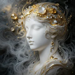 3 d macro photo abstract art noveau beautiful female face in white liquid marbling acrylic paint, golden mineral quartz and crystals, intricate, elegant, art noveau, dark mood, volumetric light fog, sidelight, energy flowing by swirly acrylic fluid river, octane render, 8 k, wlop, tooth wu, greg rutkowski, beeple
