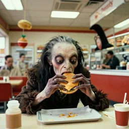 the strange creature eats a cheeseburger at the fast food place, film still from the professional commercial directed by denis villeneuve and david cronenberg with art direction by salvador dali and zdzisław beksinski, wide lens