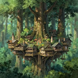 a suspended village built in a dense forest of giant very large tall trees, ultra detailed, concept art, game art, matte painting, by tomasz alen kopera and peter mohrbacher, and michel - ange, artstation 8 k, greg rutkwowski, alphonse mucha, studio ghibli, hayao miyzaka, artstation, octane render