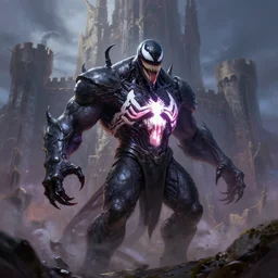 venom fused with the lich king rimlight in front of a castle, natural digital painting by greg rutkowski