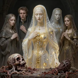 highly detailed 8 k veiled medium shot portrait character design of catholic gothic transparent lady with rotting still life, bojan jevtic, peter gric, anna dittmann, slime artstation, maximalist, masterpiece, glittering, gold, silver, ivory, hyperreal, nicola samori