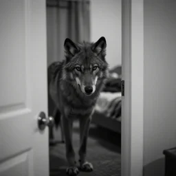 photograph of a werewolf in the door frame of a bedroom, black and white, creepy, blurry