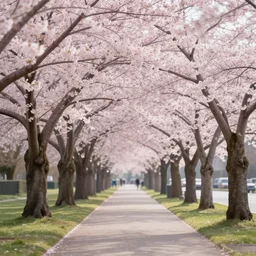 blossoming cherry trees on the sidewalk, digital art, highly detailed, trending on artstation, beautiful lighting
