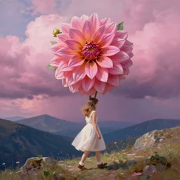 giant dahlia flower crown as head girl walking on mountain, surreal photography, pink storm clouds, dramatic light, impressionist painting, digital painting, artstation, simon stalenhag