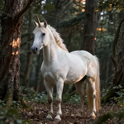 beautiful unicorn in the forest evening natural lighting by Emmanuel Lubezki