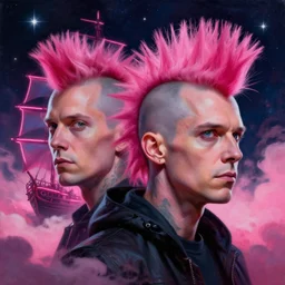 beautiful clear faces by tom bagshaw, portrait big dark punk, pink, mohawk, arcteryx, space, hyperdetailed illustration, stars, neon, oil painting, rich deep colors masterpiece, ultra detailed, contrast, heaven pink, clouds, volumetric light, atmospheric lighting, pirate neon ship, dramatic, cinematic, moody, octane render 4 k, 8 k
