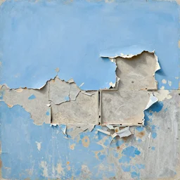 messy gouache impasto collage, sky blue wrecked peeling wall, ruffled mess torn-down construction panels cubby